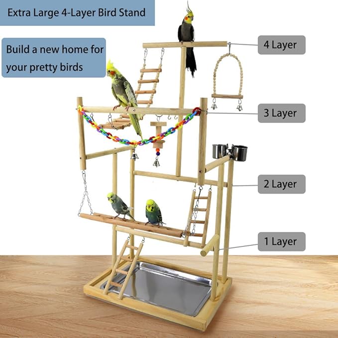 Bird Playground Parrot Playstand Natural Wood Bird Perches Stand, Bird Play Gym Playpen for Parakeet Cockatiel Bird Toys, Bird Cage Accessories, with Removable Tray and 4 Stainless Steel Cups