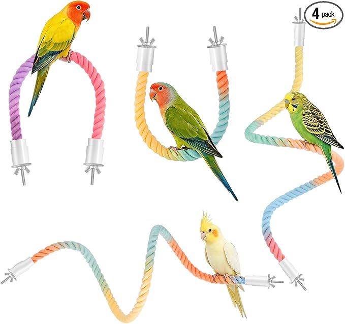 4 Pcs Bird Cage Rope, 31.1” & 16.54” Bird Perches for Cage, Used as Bendable Climbing Ropes for Parrots, Parakeets, Cockatiels, Lovebirds, Budgies, Interactive Birds Cages Accessories