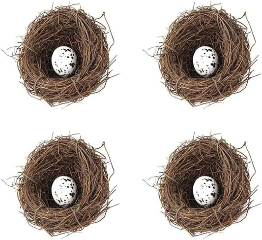 Artificial Birds Nest, 4 Set Handmade Rattan Nest Decor with Foam Eggs for DIY Crafts Garden Yard Home Party Easter Decoration