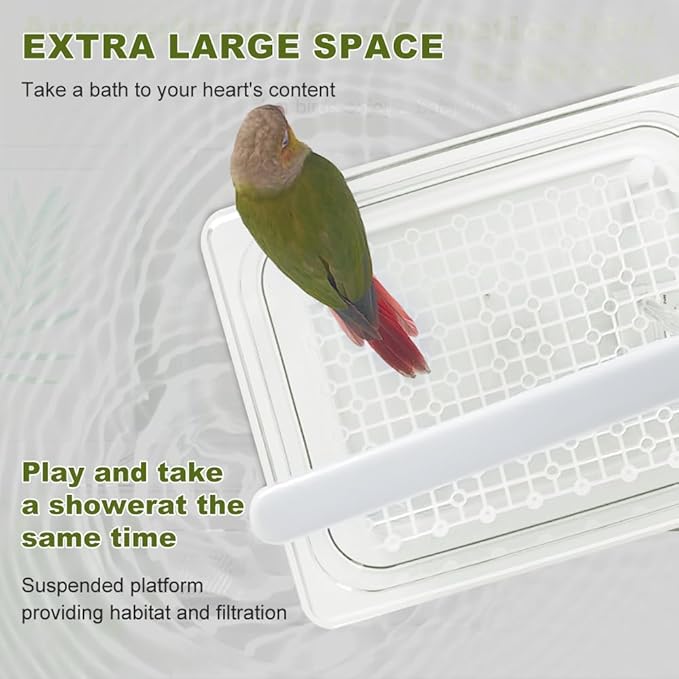 Bird Bath Tub with USB Pump, Automatic Bird Shower with Adjustable Water Flow, Transparent Acrylic Basin & Mesh Perch for Parakeets, Cockatiels, Conures, Budgies, African Greys, Amazons