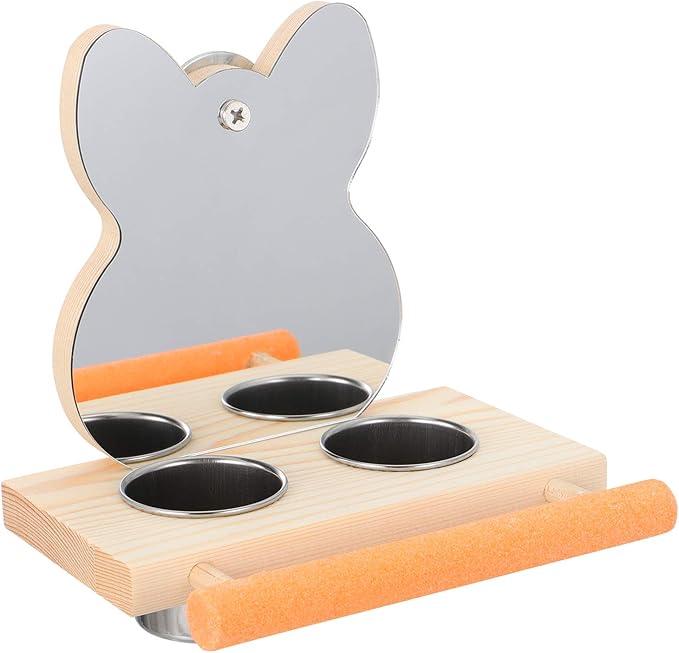 Parrot Mirror with Water Food Bowl or Bird Cage Feeding Wood Holder Cage Accessory Feeding Bowl Parakeet Toys for Parrots, Cockatiels, and Budgies