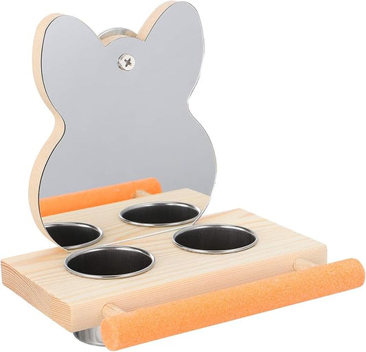 Parrot Mirror with Water Food Bowl or Bird Cage Feeding Wood Holder Cage Accessory Feeding Bowl Parakeet Toys for Parrots, Cockatiels, and Budgies