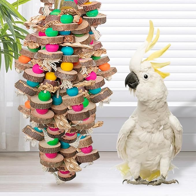 Large Bird Toys for Parrots Toys Natural Colored Wooden Bird Cages Chew Accessories for Macaws, Cockatoos, African Grey, and Amazon Parrots