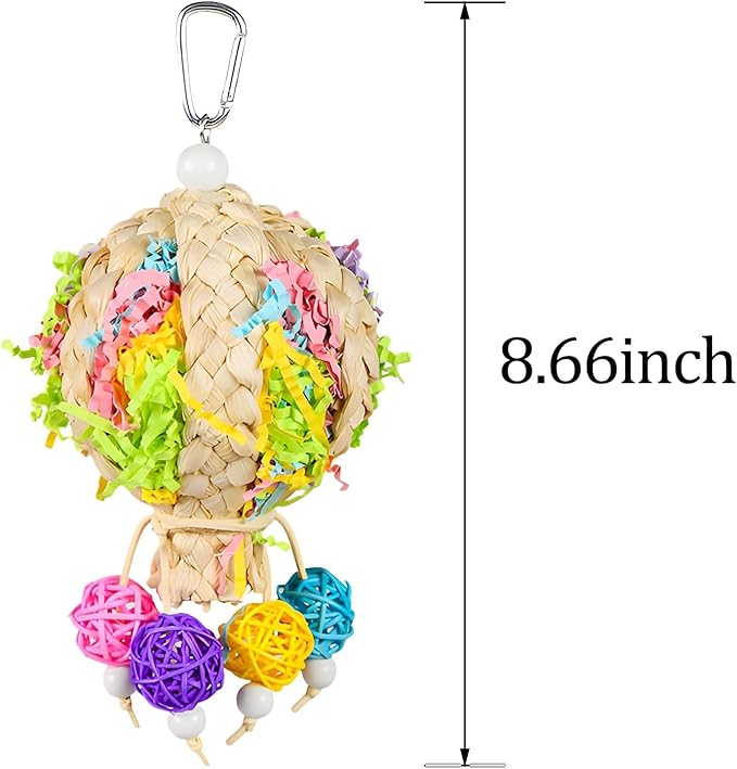 2 Pack Natural Hot Air Balloon Bird Toy, Hand-Woven Parrot Foraging & Chew Toy with Colorful Rattan Balls, Boredom Relief for Small to Medium Parakeets, Cockatiels, Conures