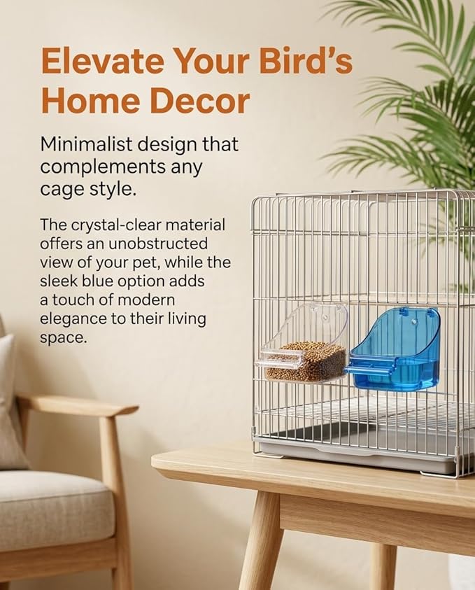 2 Packs No Mess Bird Feeder, Bird cage Feeder Cage Cup Food Bowls, Food Seed and Water Container, Good for Cockatiel Finch Lovebirds Budgies Canary (Blue and Clear)