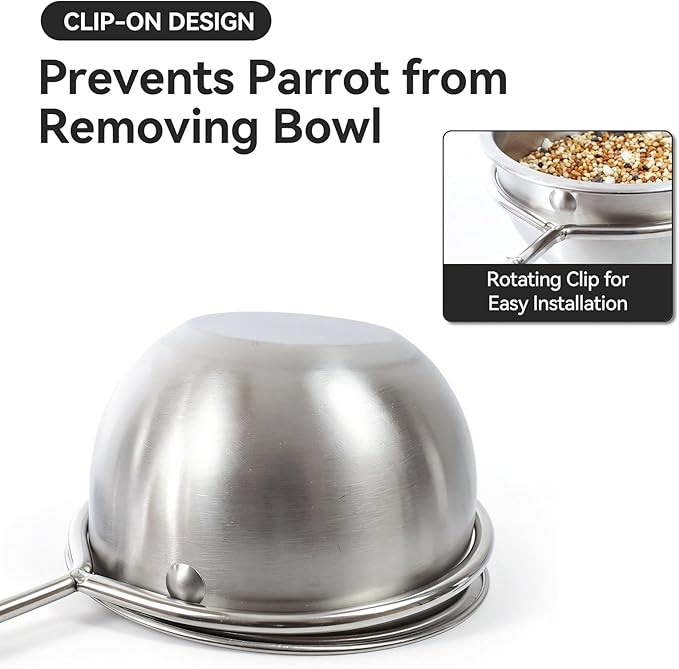 AOTU Anti Tip Stainless Steel Parrot Feeding Cups - Locking Bird Food & Water Bowls for Cage, Bird Cage Accessories for Cockatiel, Conure, Budgie, Macaw, Gray Parrot & Small Pets (L)