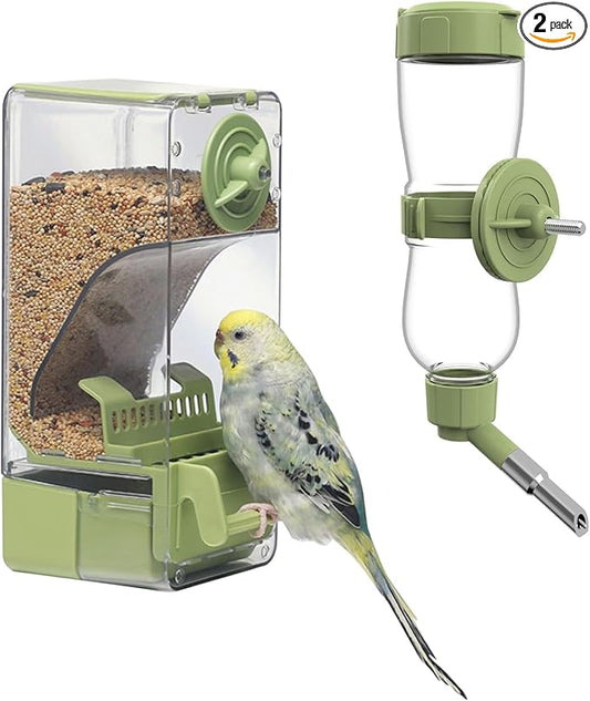 Bird Feeder Water Dispenser Set, Automatic Cage Feeder with Perch for Parakeet Canary Cockatiel Finch Budgie (Green)