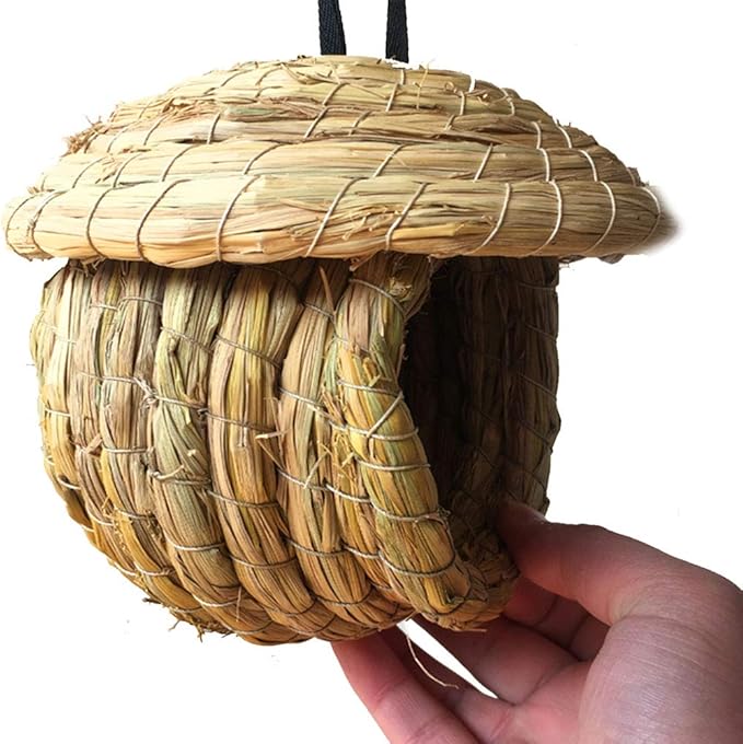 Hamiledyi Bird Nest Grass Bird Hut Outdoor Hanging Birdhouse Canary Nest Chickadee House Wren Nest Fiber Roosting Pocket for Parakeet Parrot Cockatiel Finch