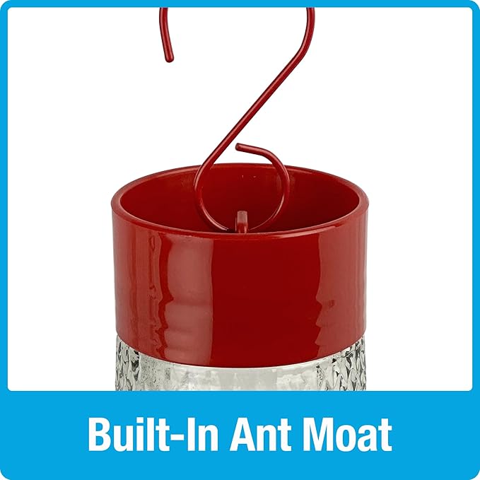 Nature's Way Hanging Glass Hummingbird Feeder for Outdoor Décor, 13 Ounce Capacity Nectar Feeder, Ant Moat, 4 Easy to Clean Flexible Ports, Red