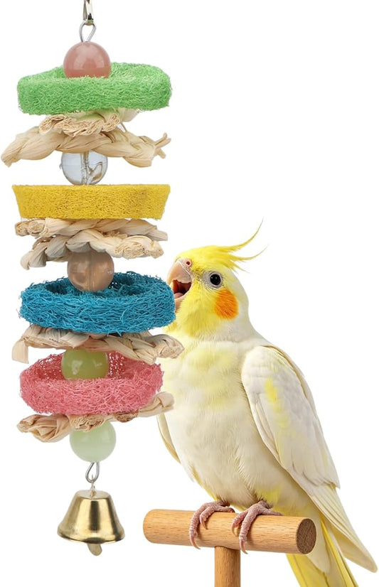 Hypeety Pet Bird Parrot Swing Chewing Toy Natural Sepa Takraw with Happy Twist Colorful Bead Swing Bell