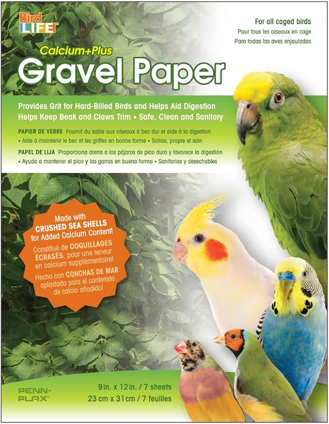 Penn-Plax Bird Life Gravel Paper - 7 Sheets, Bird Cage Liner with Crushed Seashells - Helps Maintain Beak and Claw Health, Provides Safe and Easy Cage Care, 9.5 x 15 Inches