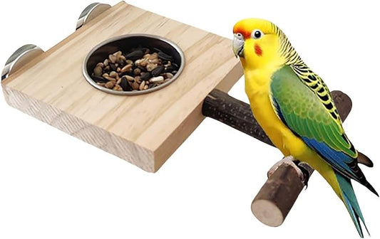 Bird Food Stainless Steel Cups Wooden Perch Stand Hanging Feeder Bowls Feeding and Watering Supplies for Parakeets Conures Cockatiels Budgie Parrot (with One Cup)