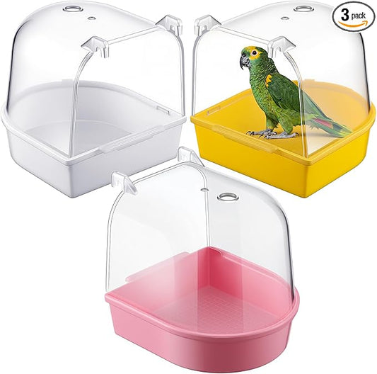 Honeydak 3 Pieces Clear Bird Bath for Cage Parakeet Bird Cage Accessories Hanging Bath Box Parrot Bathing Tub with Clear View for Cockatiel Conure Canary Budgies Parrots(Bright Colors)