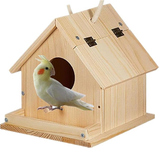 Parakeet Nest Warm Box, Bird Breeding Box, Parrot Wood House Nesting Box, Parrotlets Budgie Mating Box, Aviary Cage Box for Lovebirds, Cockatiel, with Birds Stand Perch (6 Inch)