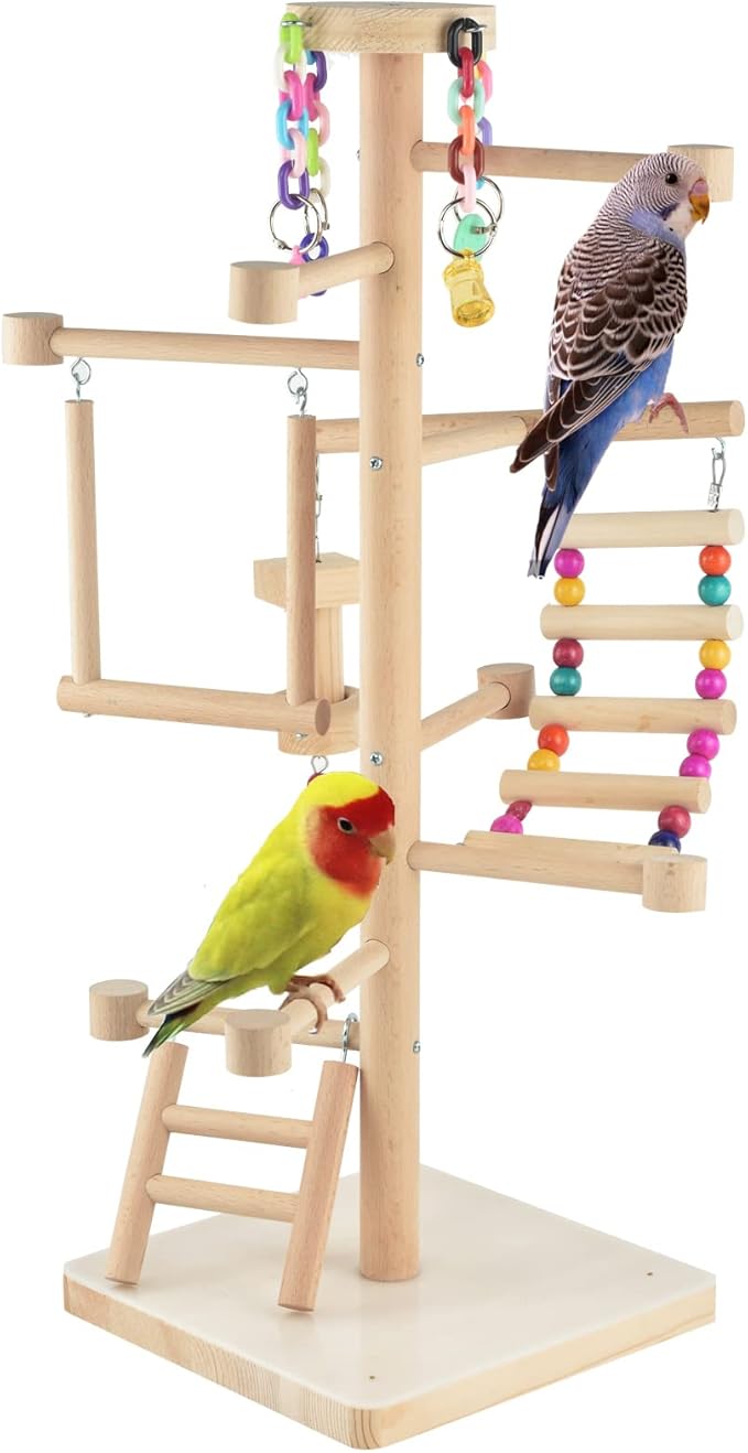 Wood Bird Playground Tabletop Parrots Playgyms Conures Play Stands Perches Prakeets Chewing Climbing Toy Playpen Platform Ladder Swing Activity Center for Cockatiels Budgies Lovebirds