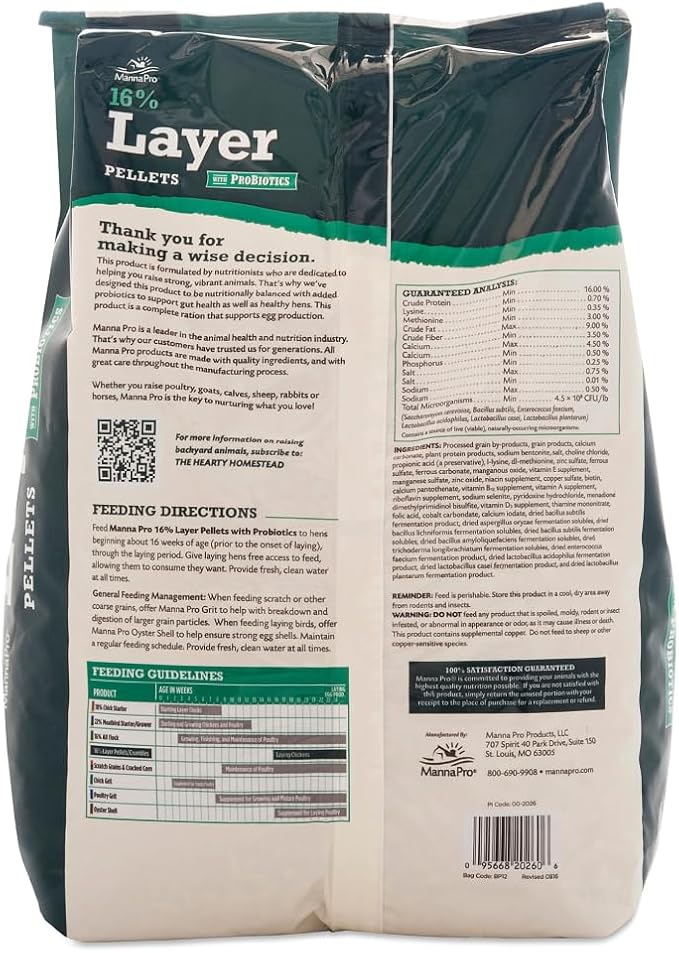 Manna Pro Layer Pellets Chicken Feed, 16% Protein Complete Feed for Laying Hens with Probiotics for Digestive Health, Nutrient-Rich Chicken Food Pellets for Egg Production, Made in USA, 8 lb Bag