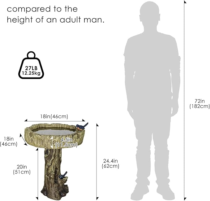 SKYFIRE Bird Baths for Outdoor - 24.4" Tall Pedestal Birdbath with Bird, Fibre Reinforced Concrete with Woodland Tree Trunk Décor Modern and Durable,Bird Bath for Outside, Garden, Patio,Lawn,Backyard