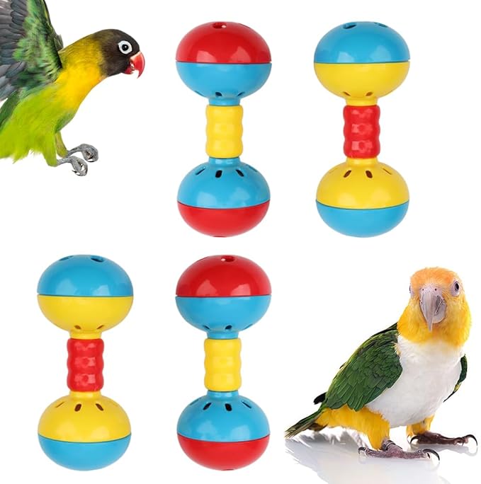 DQITJ 4 Pcs Bird Barbell Dumbell Foot Toy Bird Rattles Bells Enrichment Playing Accessories for Small Bird Parrot Finch Parakeet Cockatiel Conure
