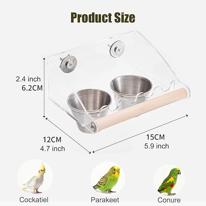 No Mess Bird Cage Feeder with Perch, No Spill Design Hanging Bird Feeders for Small Medium Birds, Easy to Clean Metal Seed Container with Secure Hooks for Indoor Cages Feeding, Two Small Bowls