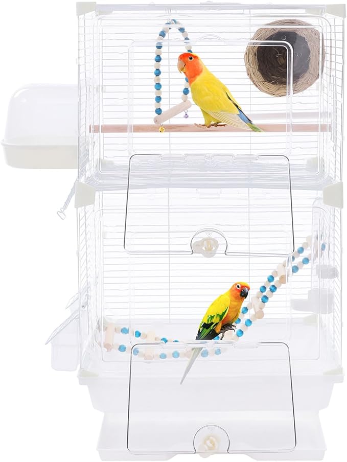 2-Door Wrought Iron Bird Cage Parakeet Cage with Handles, 25" H Parrot Cage Pet Birds Flight Cage w/Swing, 360° View Interactive Birdcages Bird House Travel Cages for 1-3 Birds (Transparent)