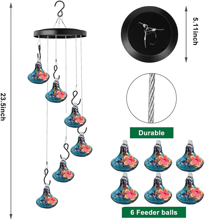 Charming Windchimes Hummingbird Feeders, Unique Hand Blown Glass Multiple Hummingbird Feeders for Outdoors Hanging, Garden Decor for Outside Patio,（red）