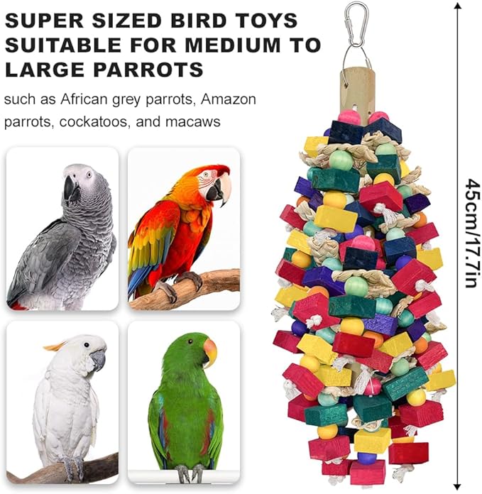 Bird Toys for Large Parrots Colorful Natural Wood Block Parrots Chew Foraging Toys for Bird Cages Cockatoos, Macaws, African Greys, and Amazons