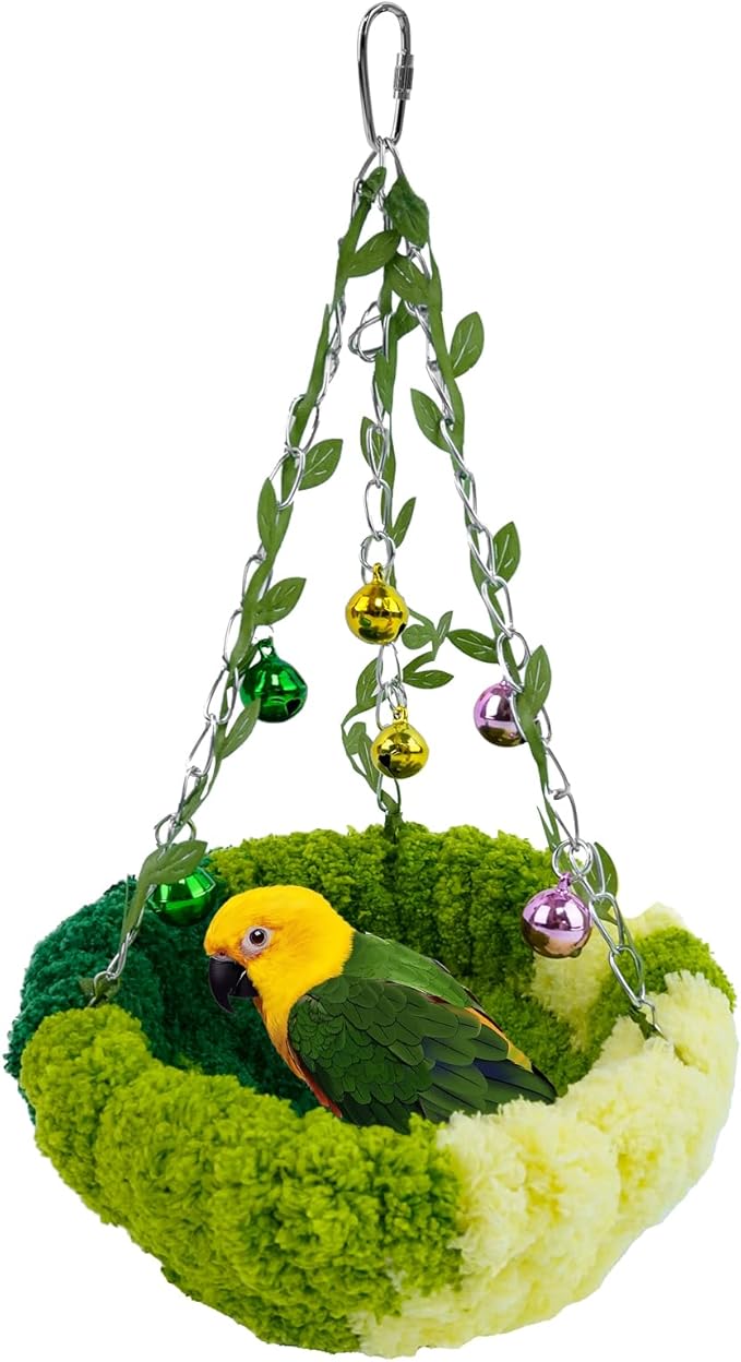 Admaison Bird Nest with Bell for Cage,Plush Hanging Bird Bed for Parakeet Indoor & Outdoor,Breeding Bird House for Conure,Budgie,Cockatiel,Lovebird,Canary,Finch,Hamster,Small Pets,Warm Nest,Green S