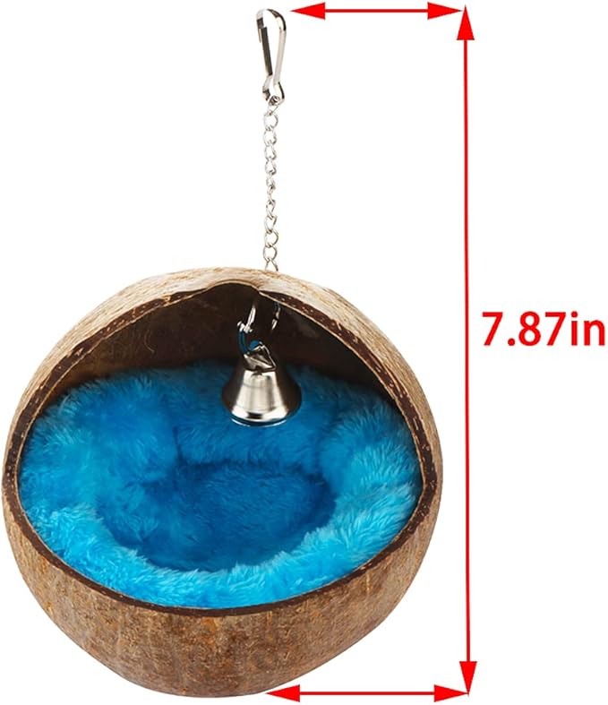 2 Pcs Natural Coconut Shell Bird Nest House Bed Breeding Nesting Anti-Pecking Bite with Warm Pad and Bell for Bird Parrot Budgie Parakeet Cockatiel Conure Lovebird Canary Finch
