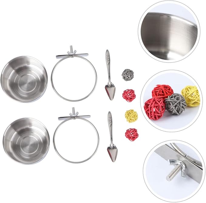 Mipcase 8Pcs Parrot Feeding Bowl and Scoop Set with Stainless Steel Bowls and Natural Willow Branch Bite Chinlon for Bird Cage Feeding and Foraging Activity