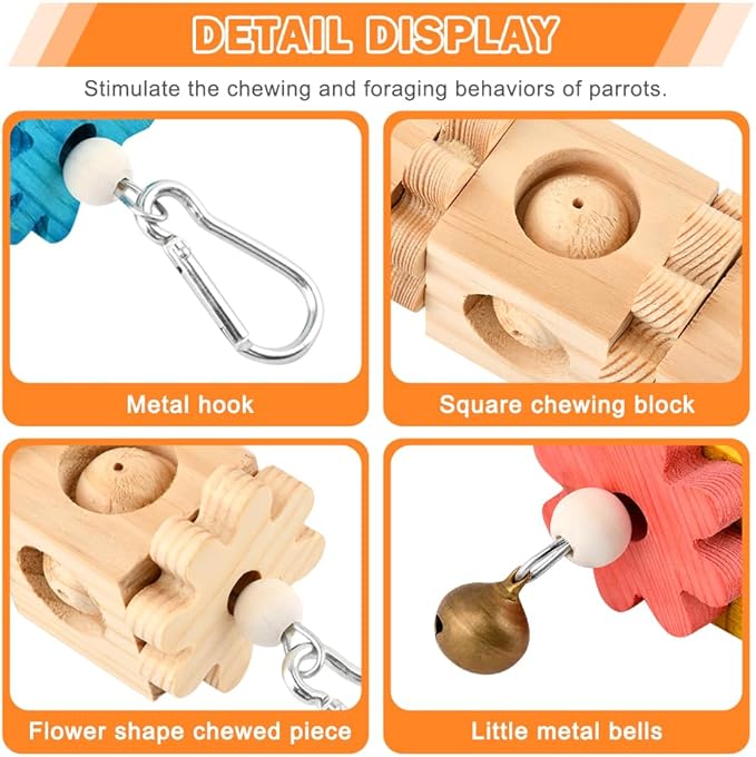 2Pcs Bird Chew Toys for Beak Grinding, Hanging Rotating Wood Block with Bell, Birds Cage Chewing Playing Training Toy for Cockatoos, Macaws, African Grey, Conures, Lovebirds(Wood)