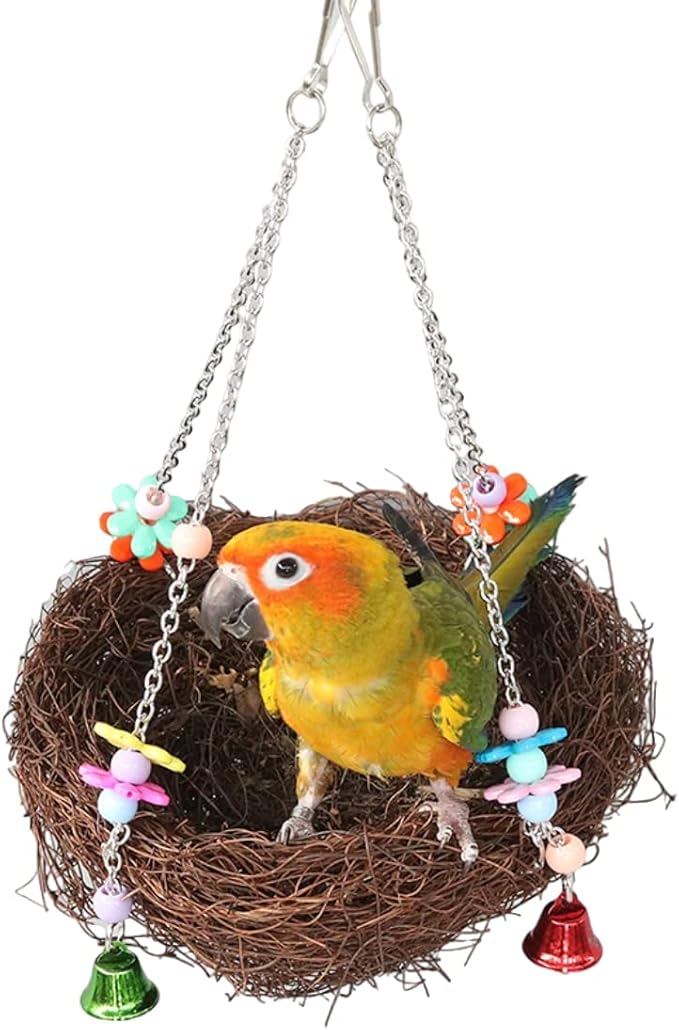 Natural Rattan Nest Small Medium Large Bird Swing with Bells for Parrot Parakeet Cockatiel Conure Cockatoo Macaw Amazon African Grey Lovebird Finch Canary Budgie Cage Perch Toy (Small)