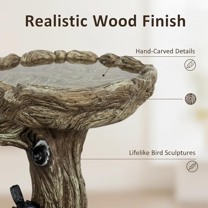 SunJet 23 Inch High Wood-Look Concrete Bird Bath with Decorative Faux Bird – Birdbath Rustic & Long-Lasting Design, Enhances Garden, Patio, Yard, Lawn Decor