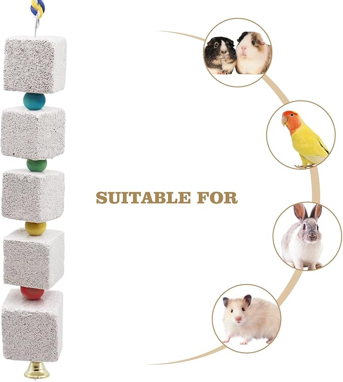 2 Pack Mineral Block Chew Toys with Colorful Beads and a Bell, Bird Beak Grinding Stone, Cage Accessories for African Grey, Budgies, Cockatiels, Small to Medium Birds