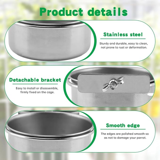 2Pcs Stainless Steel Bird Feeding Bowls with Feeding Spoon,Parrot Food Bowl Cage with Clamp Holder,Birdcage Coop Water Feeder for Cockatiel Parakeet Macaw Finches Small Animals