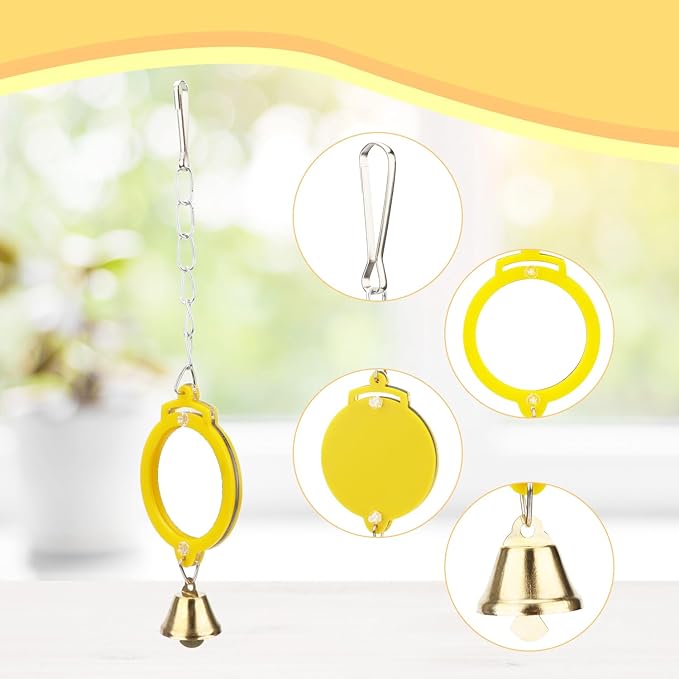Pet Bird Mirror with Bell Interactive Treat Puzzle Parrot Toy Bird Cage Mirror Small Bird Swing Chew Toys Fun Cage Accessories (Color Random) (Round Shape)
