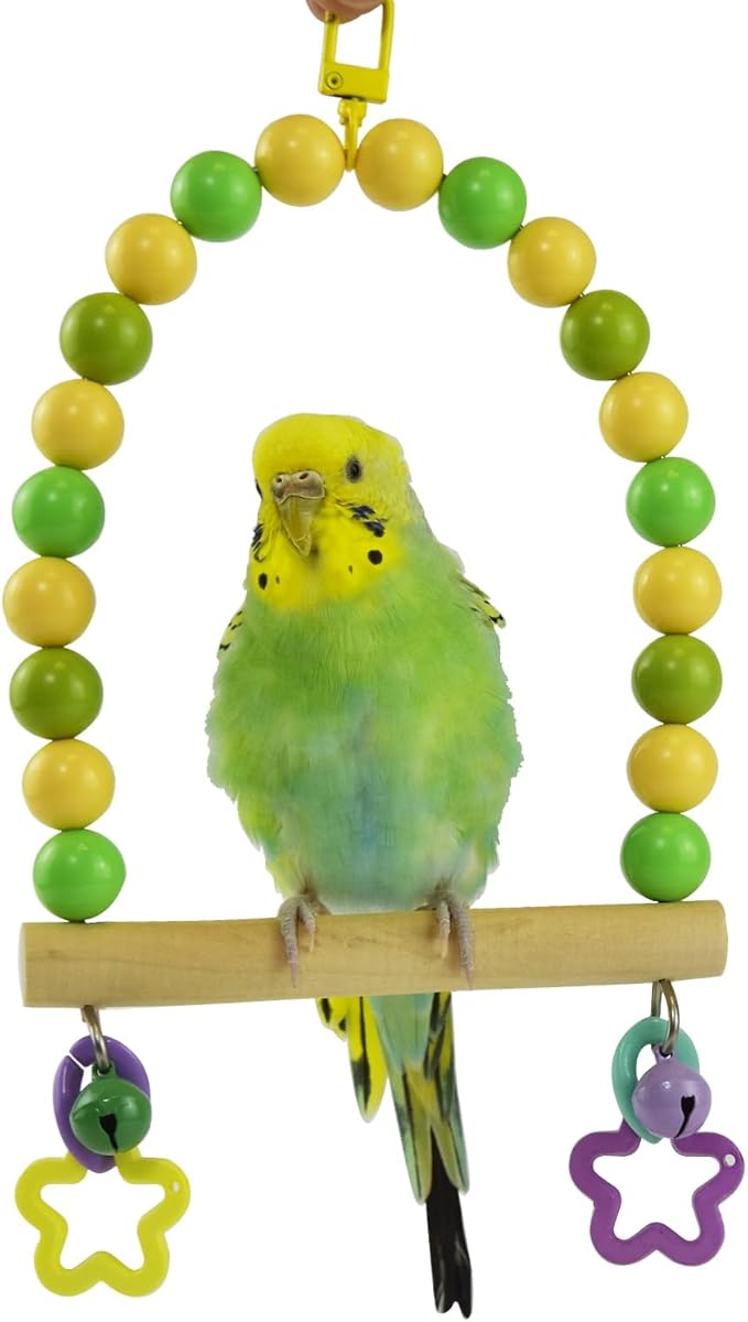 Wooden Bird Cage Swing Perch for Parakeets,Small Parrots Swings Stands with Green Yellow Acrylic Beads Bells, Birdcage Playground Gym Accessories Hanging Climbing Toy for Lovebirds Budgies