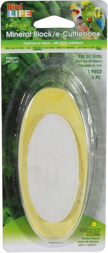 Penn-Plax Bird-Life 2-in-1 E-Cuttlebone & Mineral Block, 1 Pack (2 Counts) - Yellow Banana & Pink Berry Flavor - Enriched with Vitamins, Omega 3 & Honey - Easy Mounting - Great for All Bird Sizes