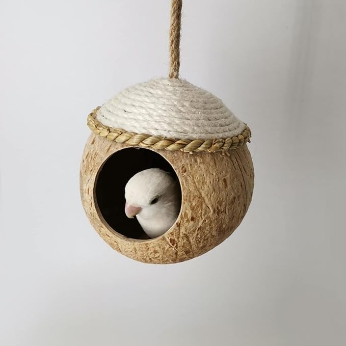 Nest for Birds Bird Nest House Natural Coconut Shell Simulation Birdhouse Grass Bird Hut Parakeet Nesting Box (Straw Rope - Small)