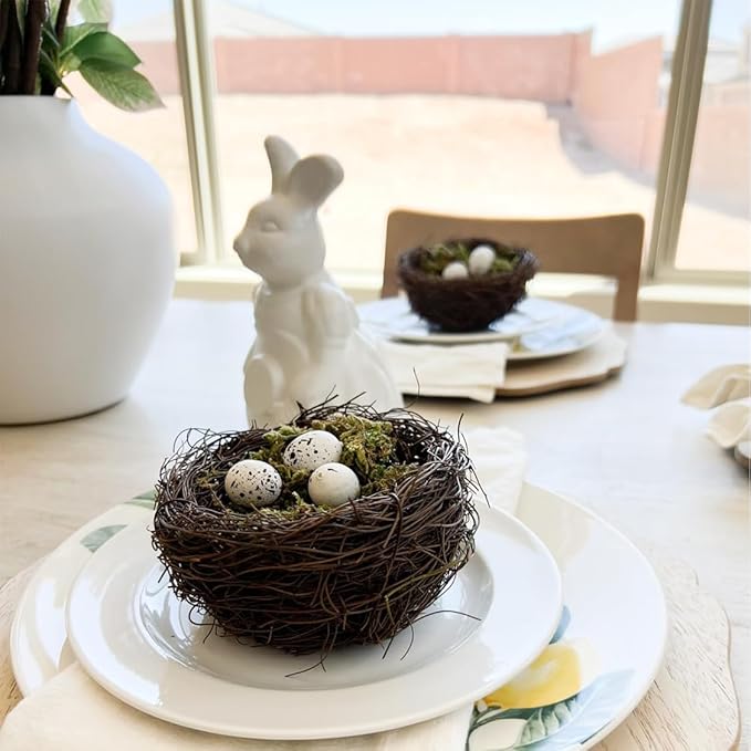 Artificial Birds Nest, 4PCS Crafts Handmade Natural Easter Birds Nest Rattan Birds Nest for Garden Yard Home Party Easter Decor Contains 12 Artificial Bird Eggs&4 Packs of Moss