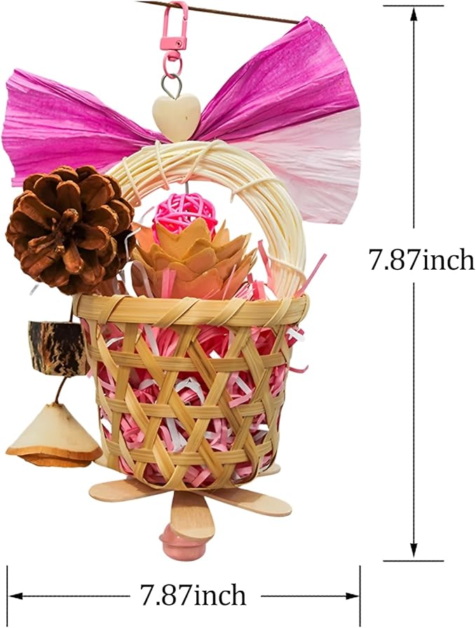 Bird Toys Foraging Shredder Hanging Toys Rope Perch with Bell Parakeet Toy Parrot Swing Climbing Standing Toys Bird Cage Accessories for Conure Cockatiel Budgies Lovebird, Pink