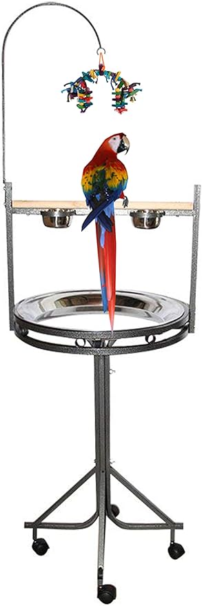 72" Large Elegant and Sturdy Wrought Iron Hangout Bird Play Stand Play Ground with Easy Removable NO Rust Stainless Steel Pan with Metal Toy Hook On Wheels