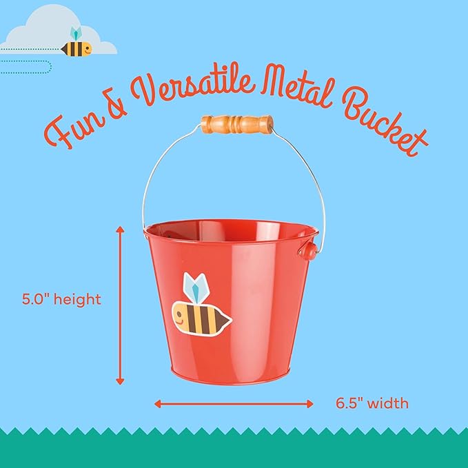 Toysmith Kids Gardening & Beach Bucket – 5″ Metal Pail with Grippable Handle | Assorted Bee & Beetle Colors | Durable Steel for Outdoor Play - 1 Count