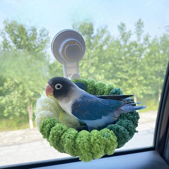2 in 1 Bird Nest with Removable Suction Cup, Vehicle-Mounted Bird Nest for Travel, Bird Plush Nest for Birdcage, Coral Velvet Warm Nest for Parrot Budgie Lovebird Conure Quaker (Large,Green)