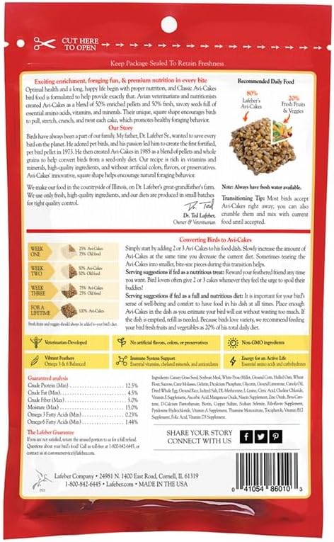 LAFEBER'S Classic Avi-Cakes Pet Bird Food, Made with Non-GMO and Human-Grade Ingredients, for Cockatiels Conures Parakeets (Budgies) Lovebirds (8 oz Pack of 2)