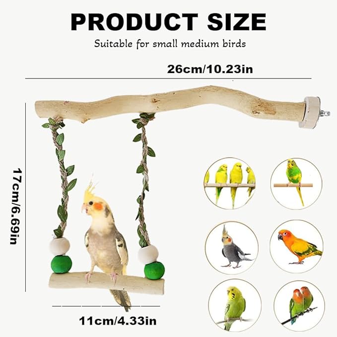 Bird Stand Swing Toys,Natural Wood Cage Accessories for Parakeets,Suitable for Budgerigar, Parakeet, Conure, Cockatiel, Mynah, Love Birds, Finches and Other Small Parrot Birds(S)