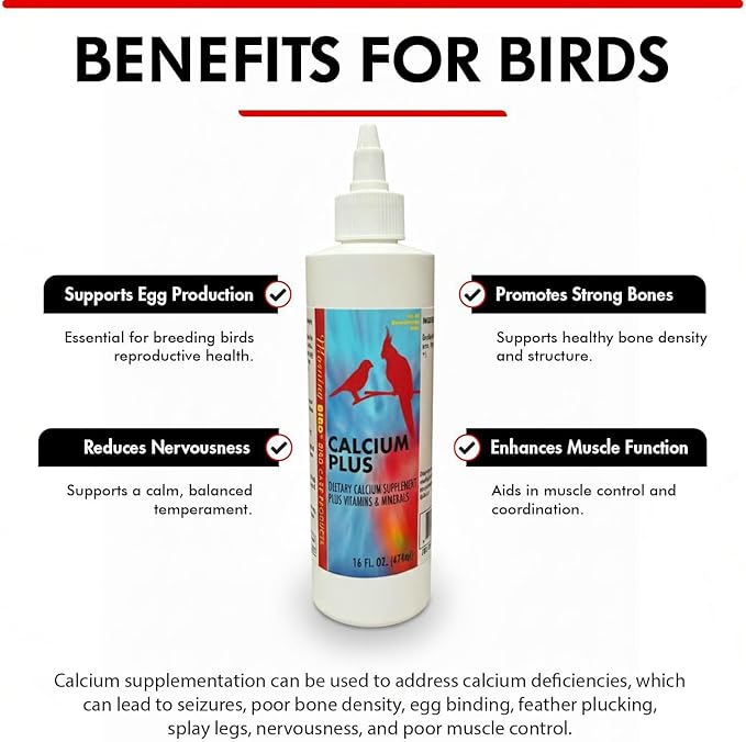 Morning Bird Calcium Plus Liquid for Birds – Calcium Supplement with Vitamins and Minerals for Strong Eggshells, Healthy Bones - Support Growth, Breeding, and Wellness for All Birds 16 Fl Oz