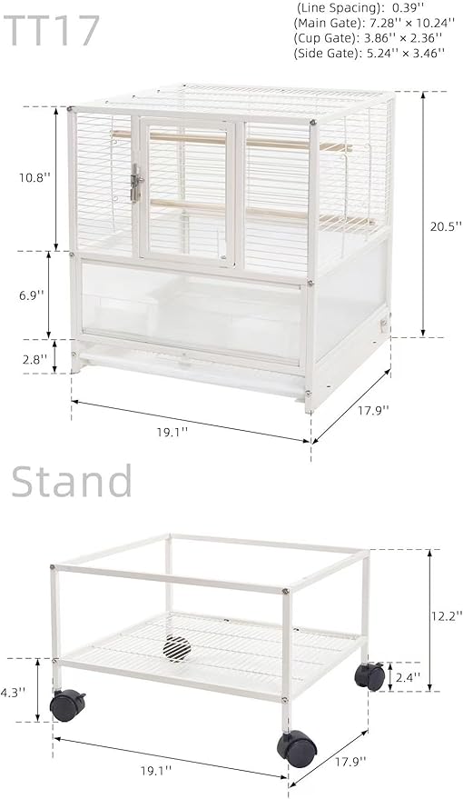 Stackable Breeding Bird Cage with Splash-Proof Baffle, Rolling Stand with Wheels, for Aviaries, Canaries, Cockatiels, Lovebirds, Finches, Budgies, Small Parrots, White. (2F)