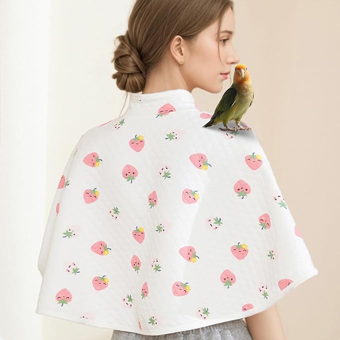 Reusable Parrot Diaper & Shoulder Protector - Poop Catcher Cloak for Cockatiels, Conures, Parakeets, Lovebirds, Small Macaws - Parrot Toys (White - Strawberry Pattern, Large)