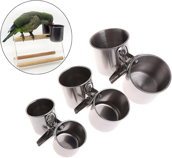 Youngy Food Water Feeding Bird Double Cups with Clip Stainless Steel Parrot Cage Stand - M