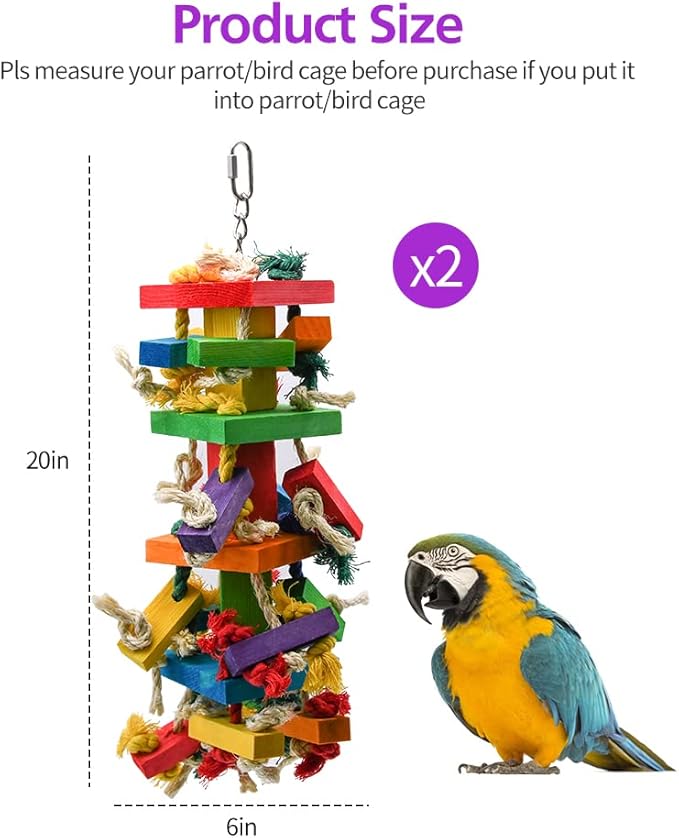 RUBY.Q 2 Pack Large Parrot Toy, 20in Bird Parrot Toy, Multicolored Natural Wooden Bird Chewing Toys for Large Macaws, African Grey and a Variety of Amazon Parrots